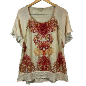 5/$25 Top XL Damask Boho Cream Beige Pink Design Flutter Sleeve